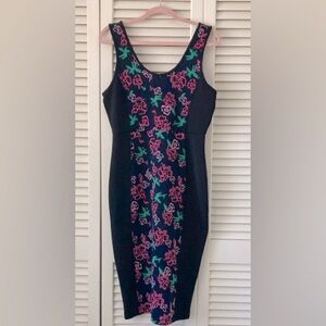 🌺Neon, black floral bodycon tank midi dress M